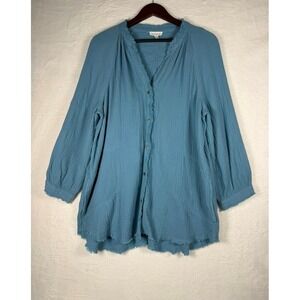 Westbound Women's Dusty Blue Cotton Double Gauze Raw Hem Button Down Shirt Large